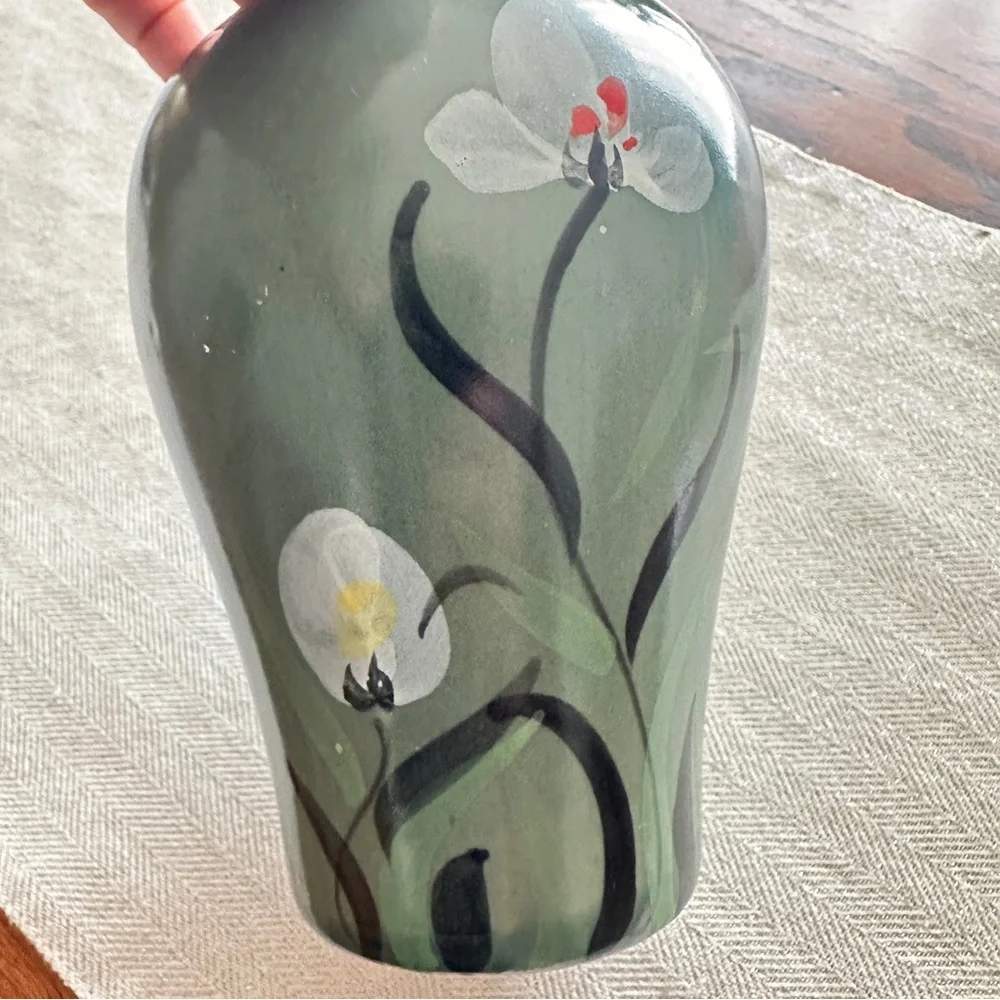 Vintage hand painted green floral vase